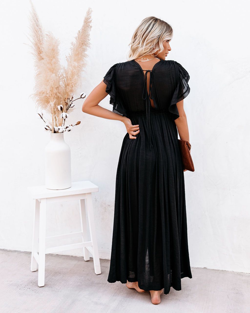 CD | Rochie maxi pentru femei - croială fluidă - mâneci încrețite - decolteu în V - croială cu nasturi - talie elastică