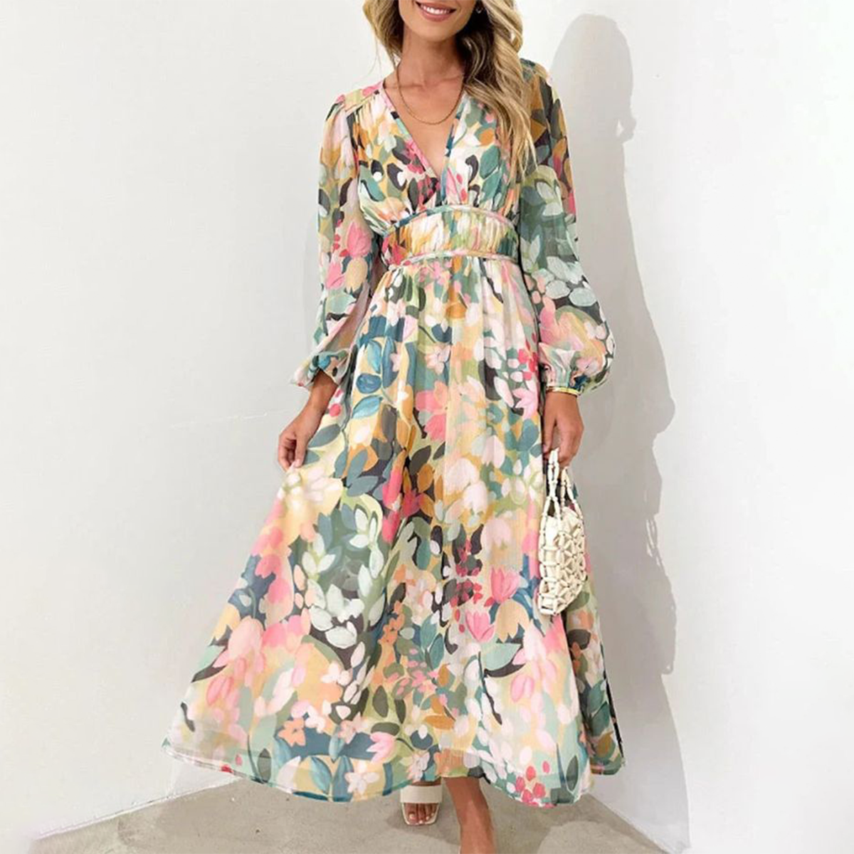 CD | Rochie maxi elegantă cu mâneci lungi și imprimeu floral