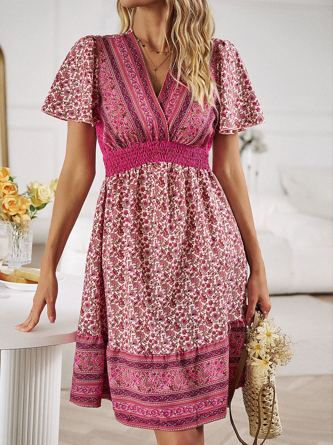CD | Floral Smocked talie scurt maneca mini rochie