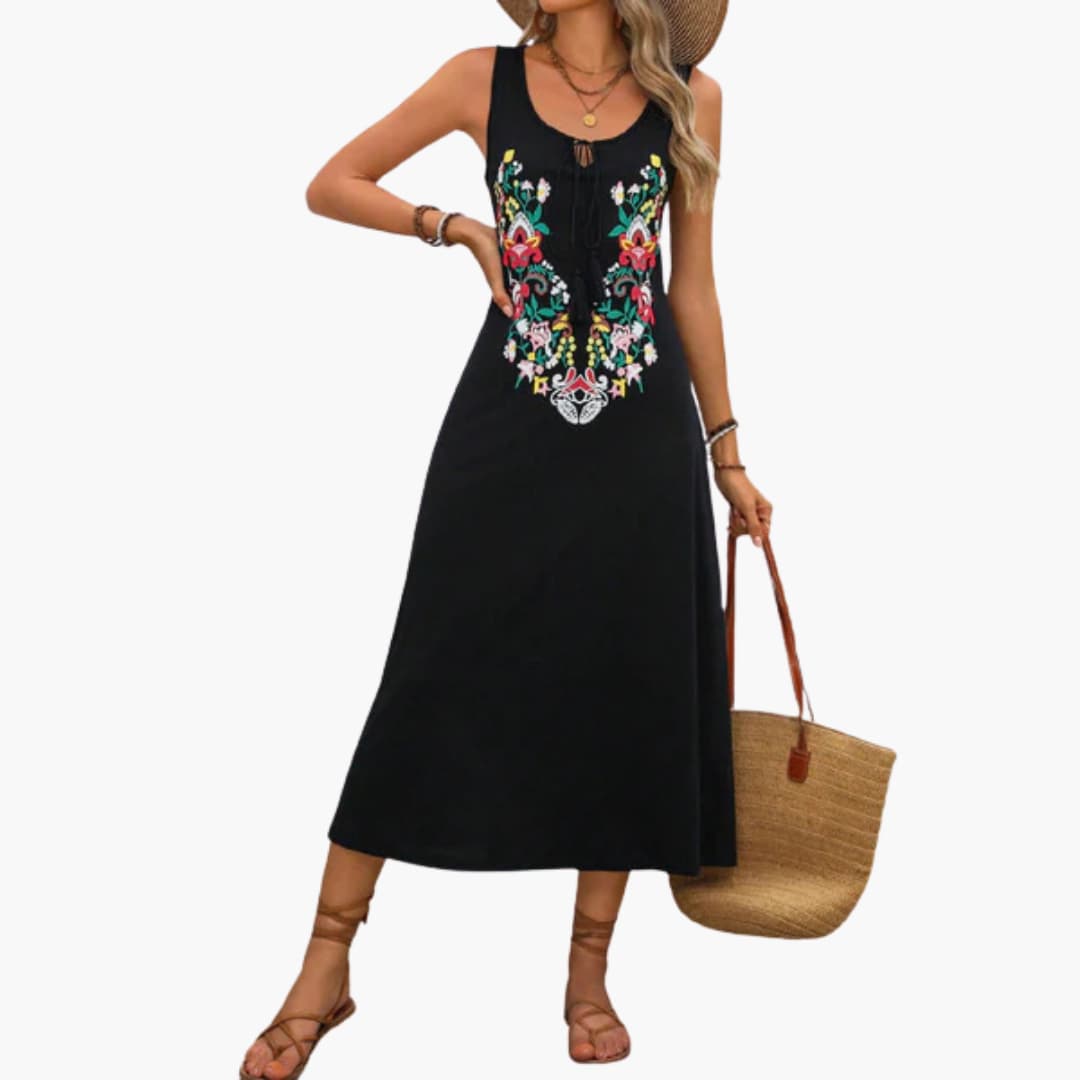 CD | Rochie midi fără mâneci pentru femei cu broderie florală