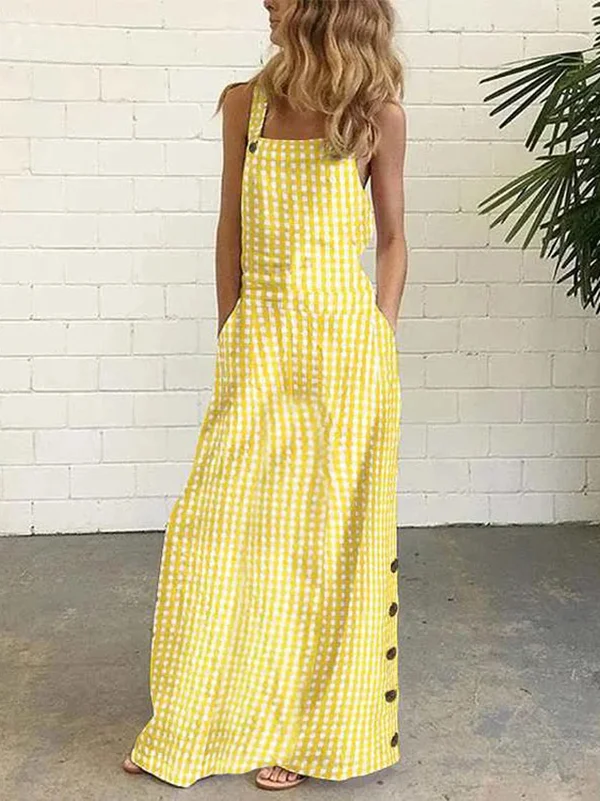 CD | Rochie maxi pentru femei - Model Gingham - Ținută relaxată - Decolteu pătrat - Bretele largi - Fermoar cu nasturi