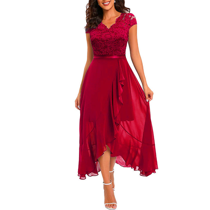 CD | Ladies V-Neck Short Sleeve Formal Dress with Lace Bodice