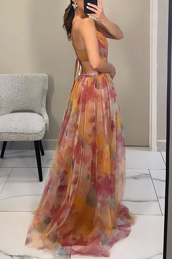 CD | Rochie lungă elegantă cu imprimeu și șireturi sofisticate pentru un look șic
