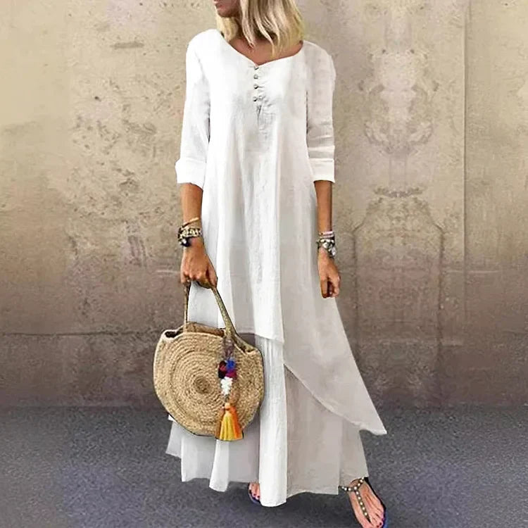 CD | Rochie midi de damă - Ținută relaxată - Fibre naturale - Tiv asimetric - Mâneci 3/4