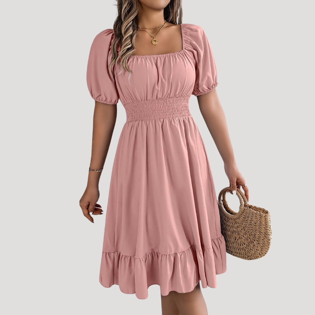 CD | Rochie midi cu mâneci bufante cu talie smocked