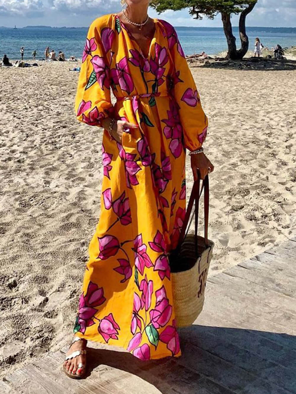 CD | Rochie maxi pentru femei - imprimeu floral - decolteu în V - mâneci lungi - curea în talie - ușor