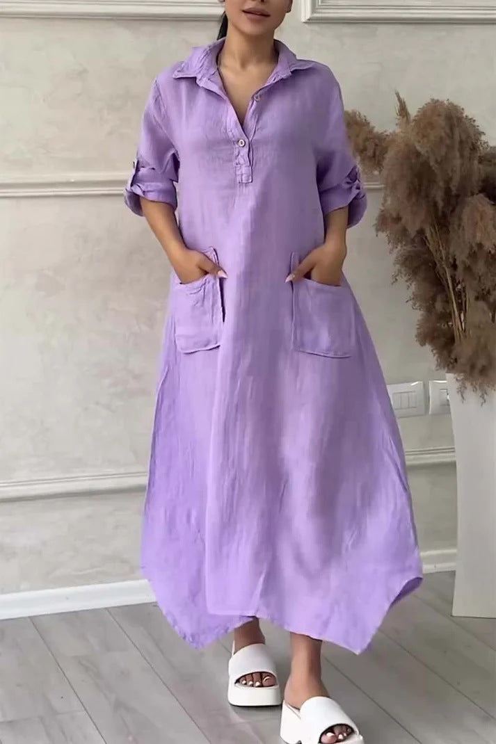 CD | Rochie maxi pentru femei din in și bumbac cu rever