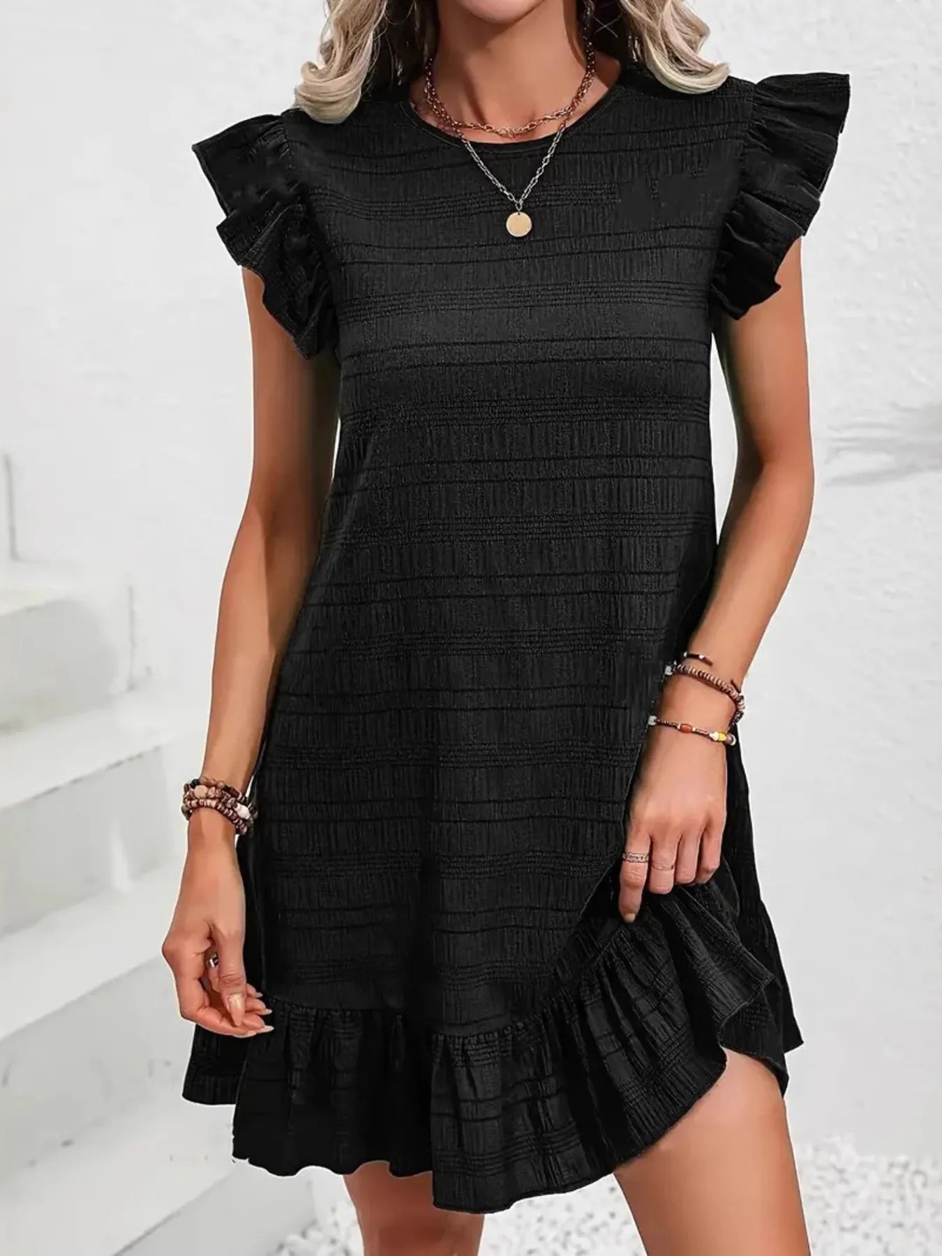 CD | Plus Dimensiune Ruffle Hen Cap Sleeve Mini Rochie