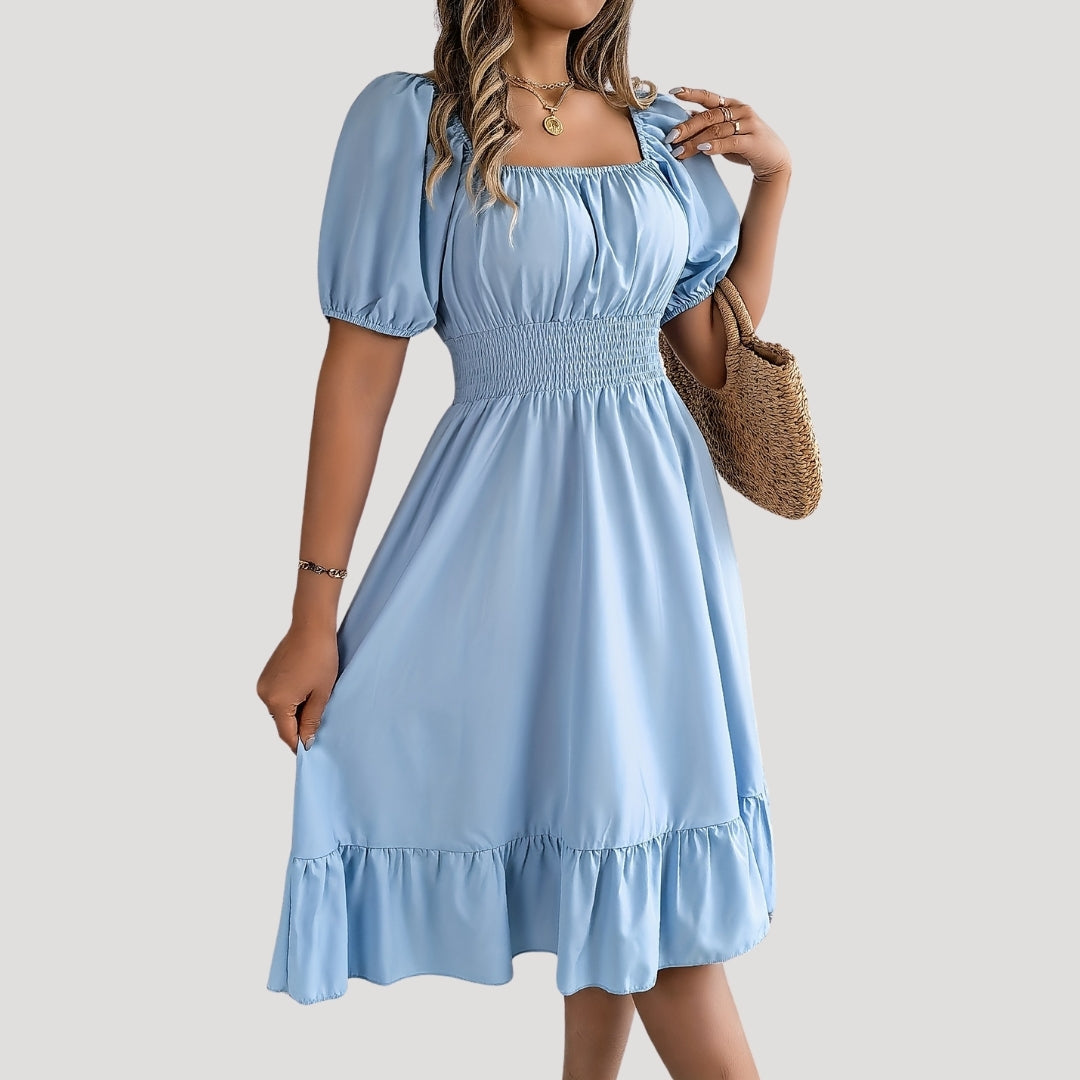 CD | Rochie midi cu mâneci bufante cu talie smocked