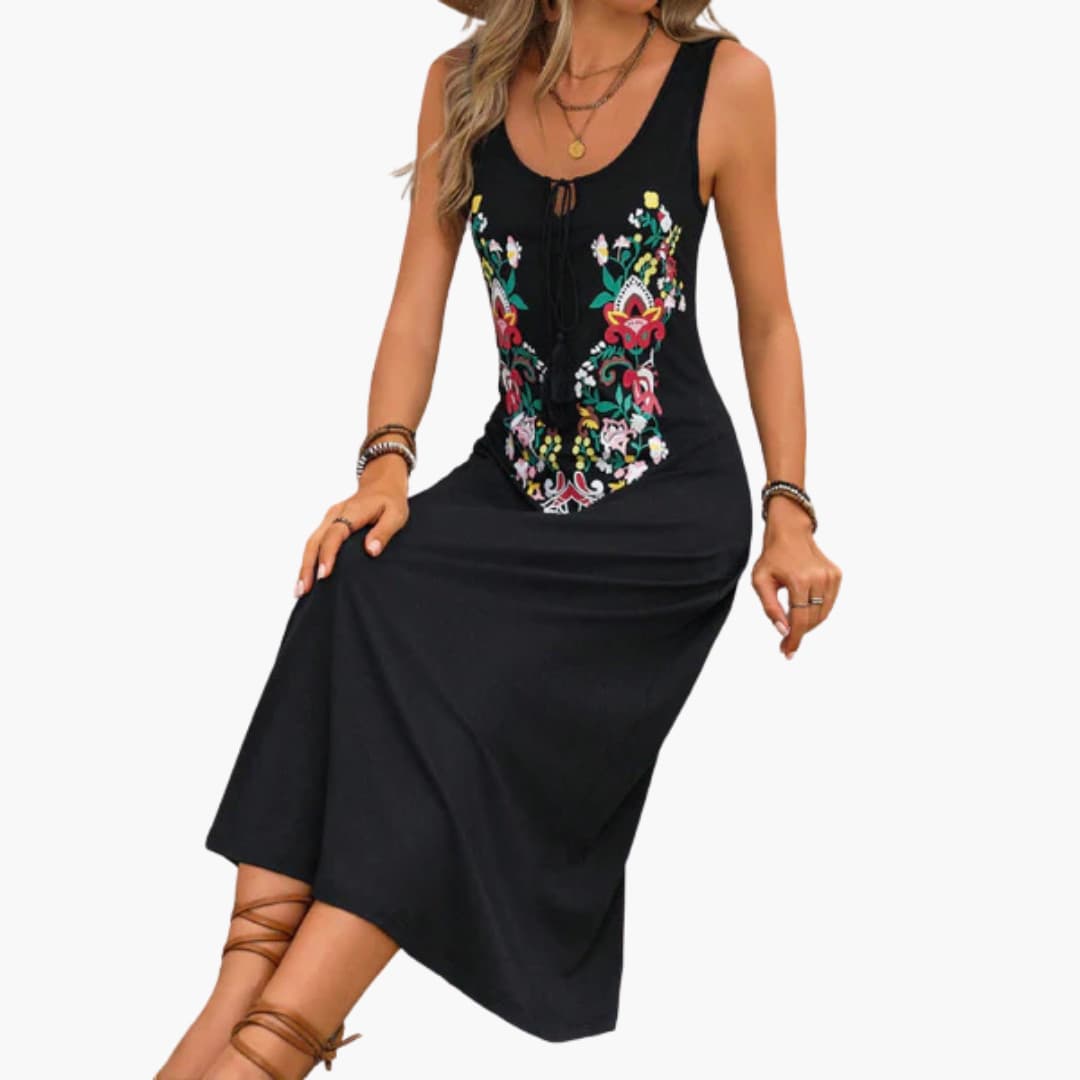 CD | Rochie midi fără mâneci pentru femei cu broderie florală