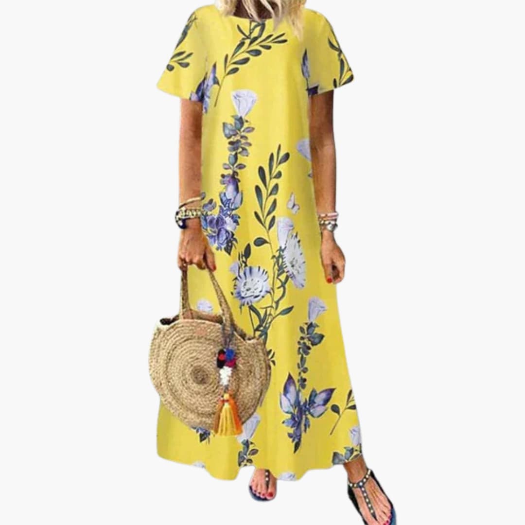CD | Rochie maxi pentru femei cu model floral, mâneci scurte și decolteu rotund