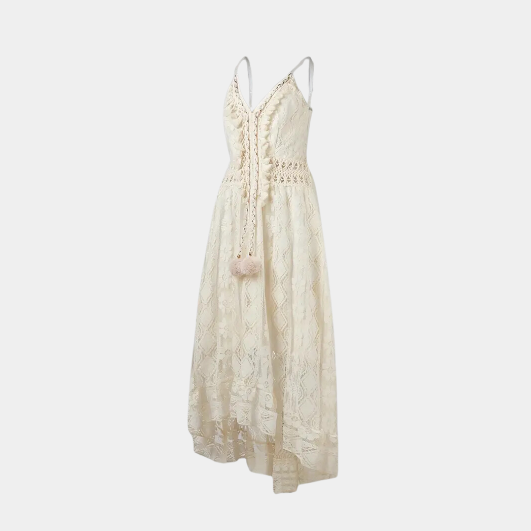CD | Rochie midi pentru femei - Ținută relaxată - Detaliu dantelă - Decolteu în V - Stil boho - Material respirabil