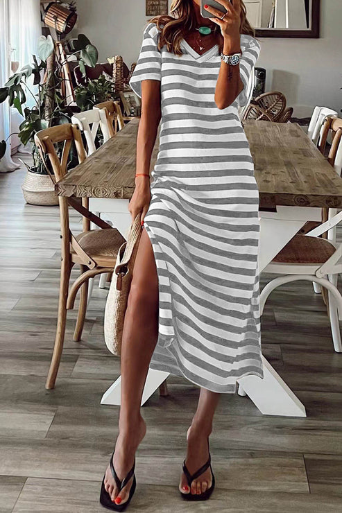 CD | Fanny - Rochie casual patchwork în dungi cu decolteu în V și mâneci scurte