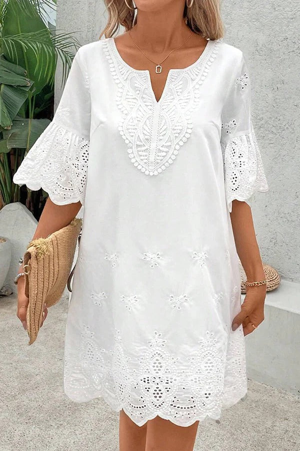 CD | Culoare solidă goală broderie dantelă casual v-neck rochie mini