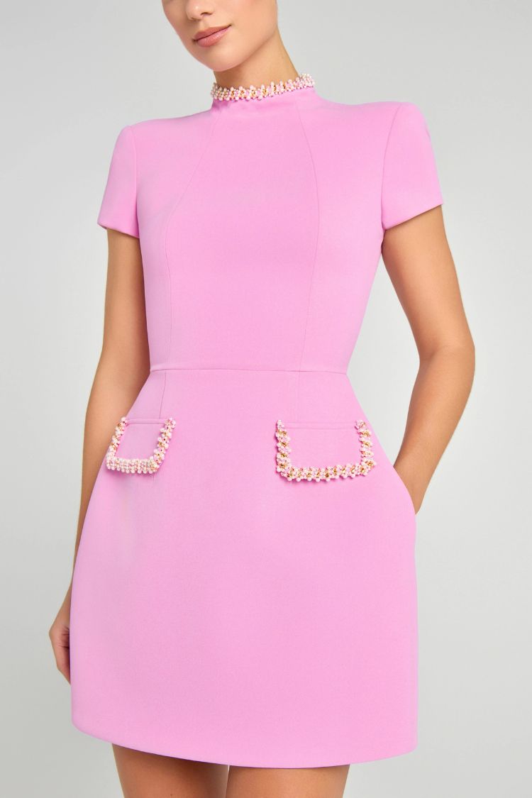 CD | Dulce și elegant parfum Beaded cu mânecă scurtă rochie mini cu buzunare