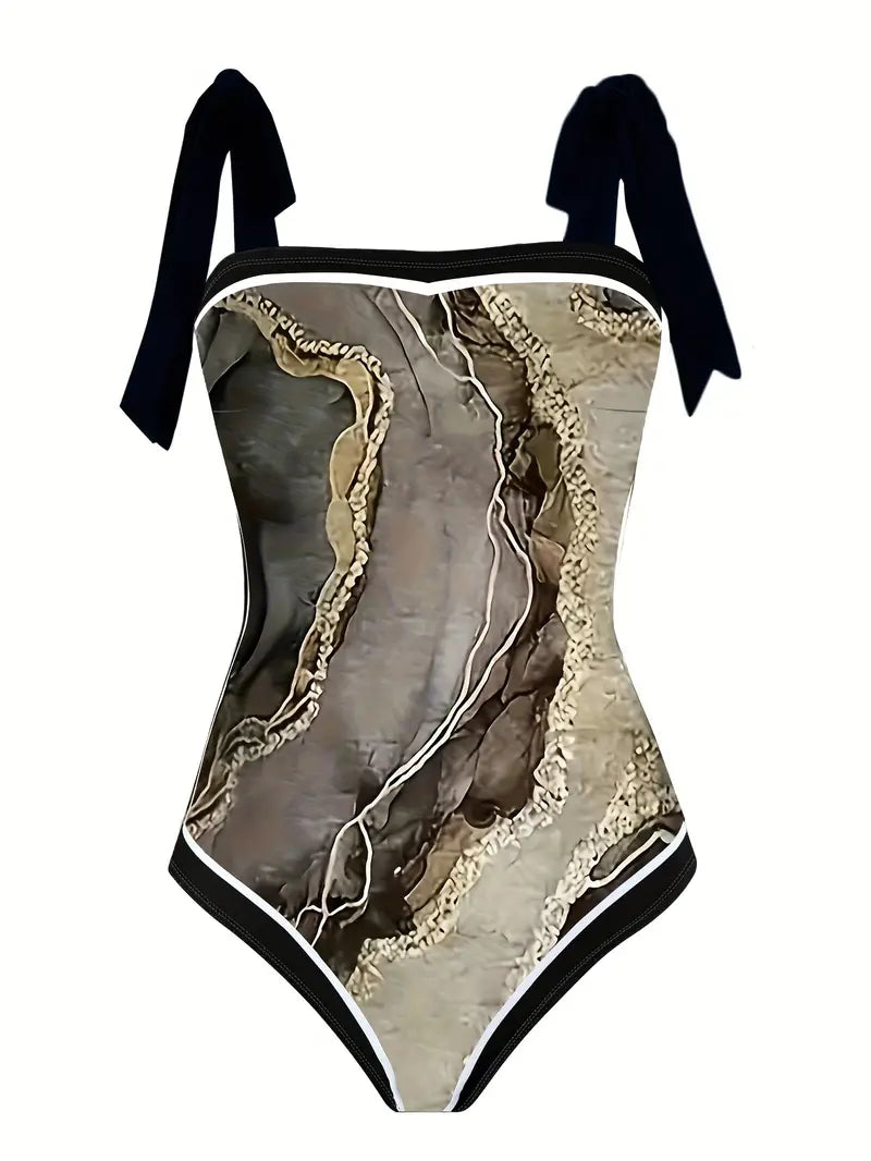 CD | Costum de baie elegant și fustă cu imprimeu marmură într-o singură piesă