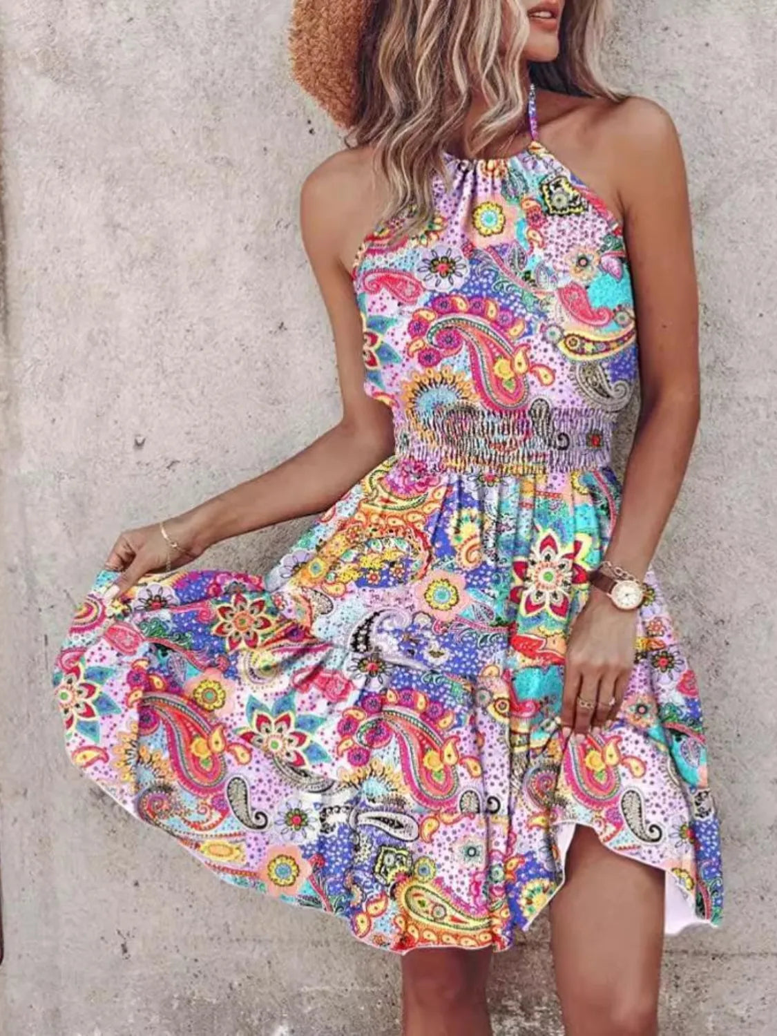 CD | Rochie mini cu croială imprimată și guler tip halterneck Smocked