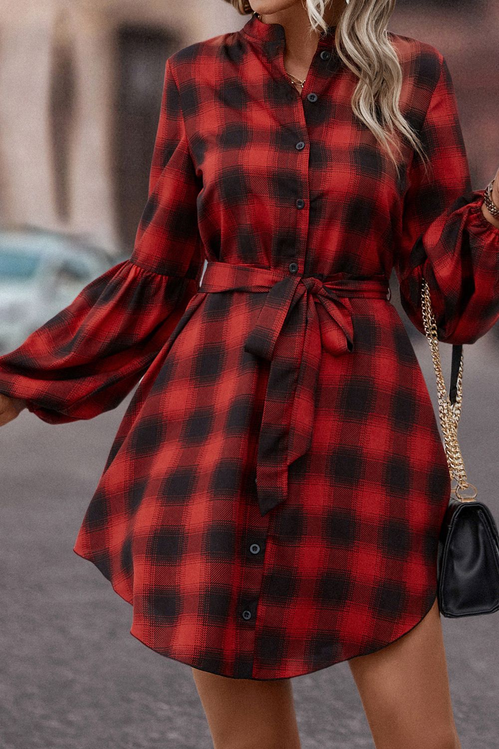 CD | Plaid cravată talie balon maneca rochie mini