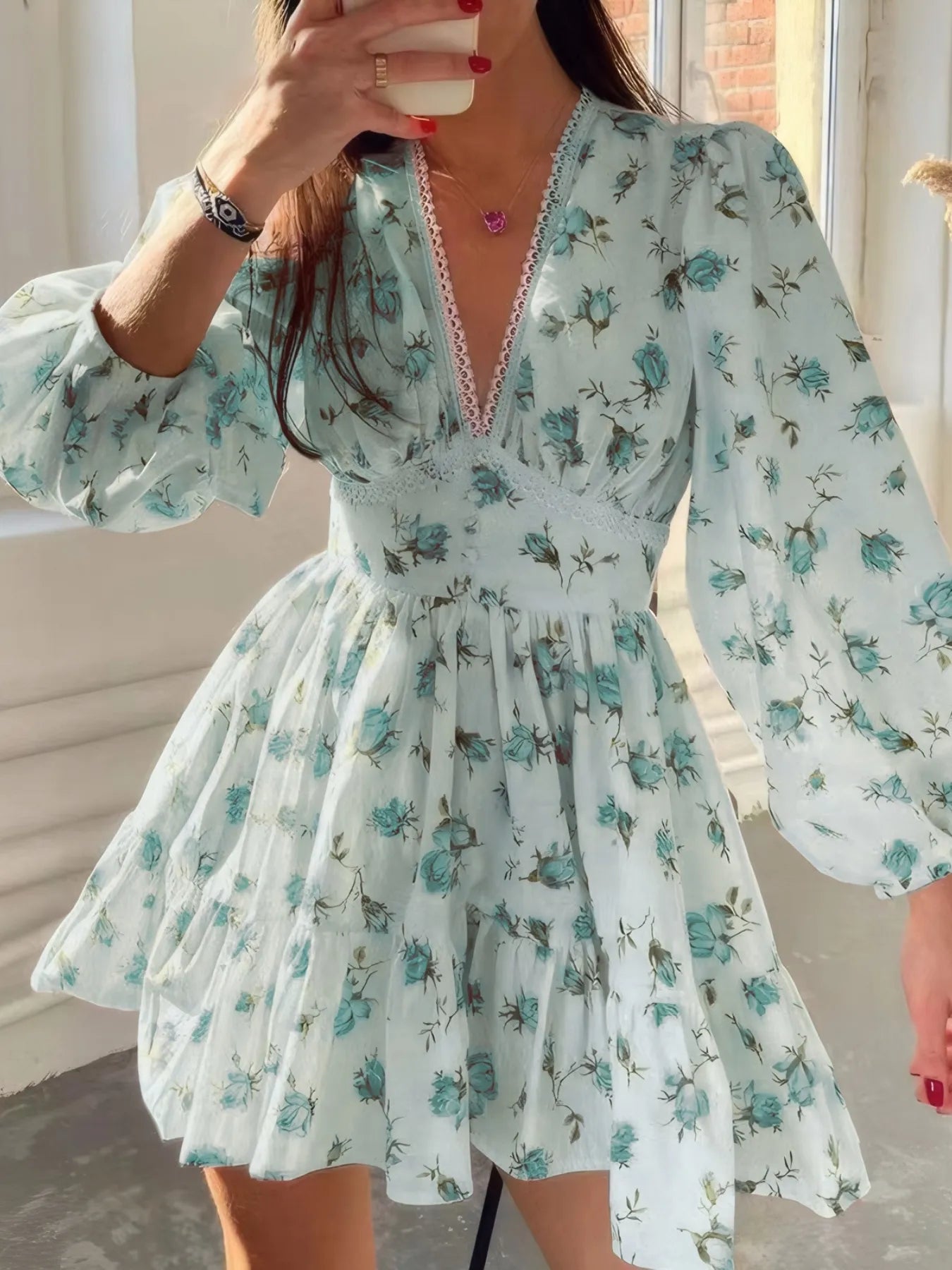 CD | Full Dimensiune florale imprimare dantelă detaliu V-Neck Mini rochie Plus SIze