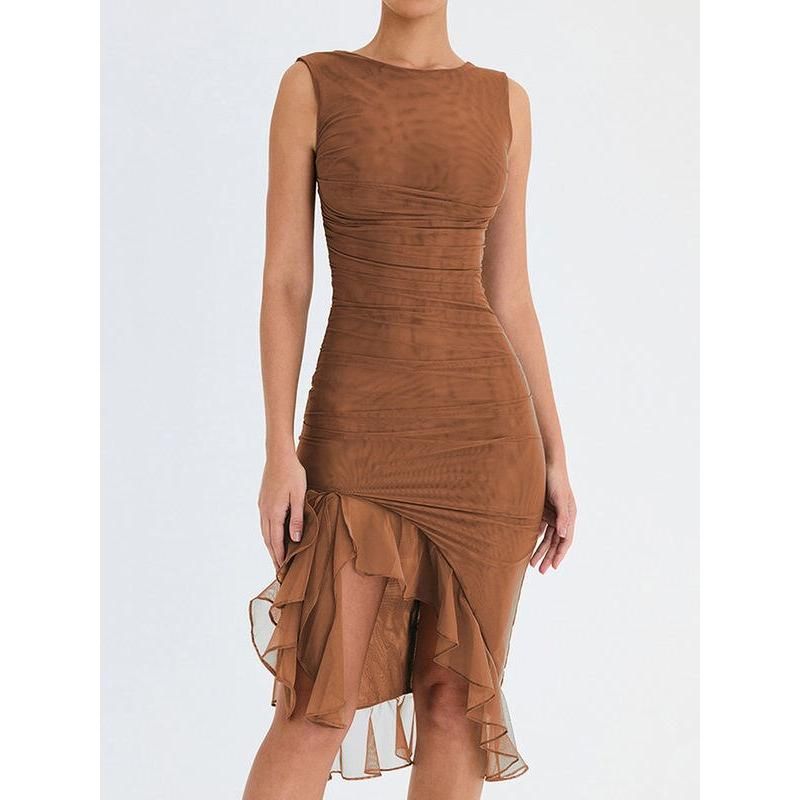 CD | Rochie midi elegantă fără spate cu volane
