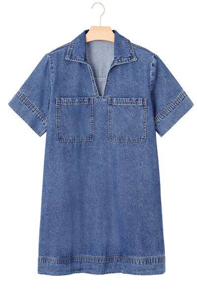 CD | Rochie mini din denim cu mânecă scurtă, guler și buzunare aplicate