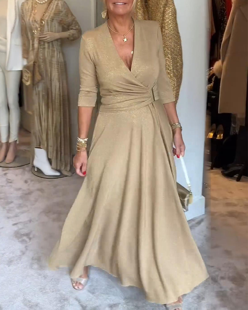 CD | Rochie monocromă elegantă cu decolteu în V și mâneci trei sferturi