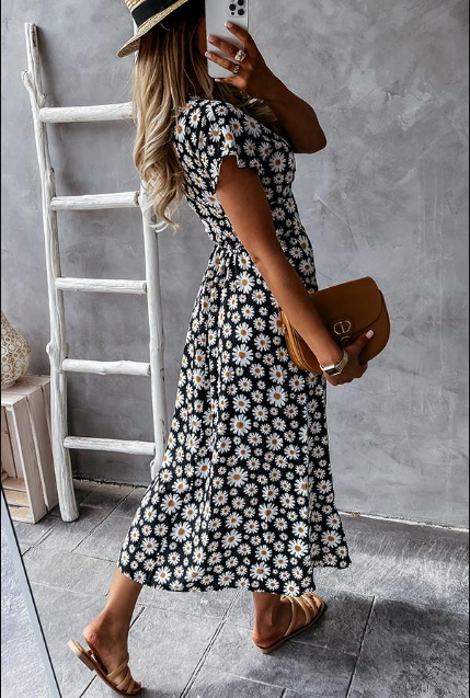 CD | Rochie midi pentru femei - Siluetă A-line - Croială relaxată - Mâneci scurte - Amestec respirabil