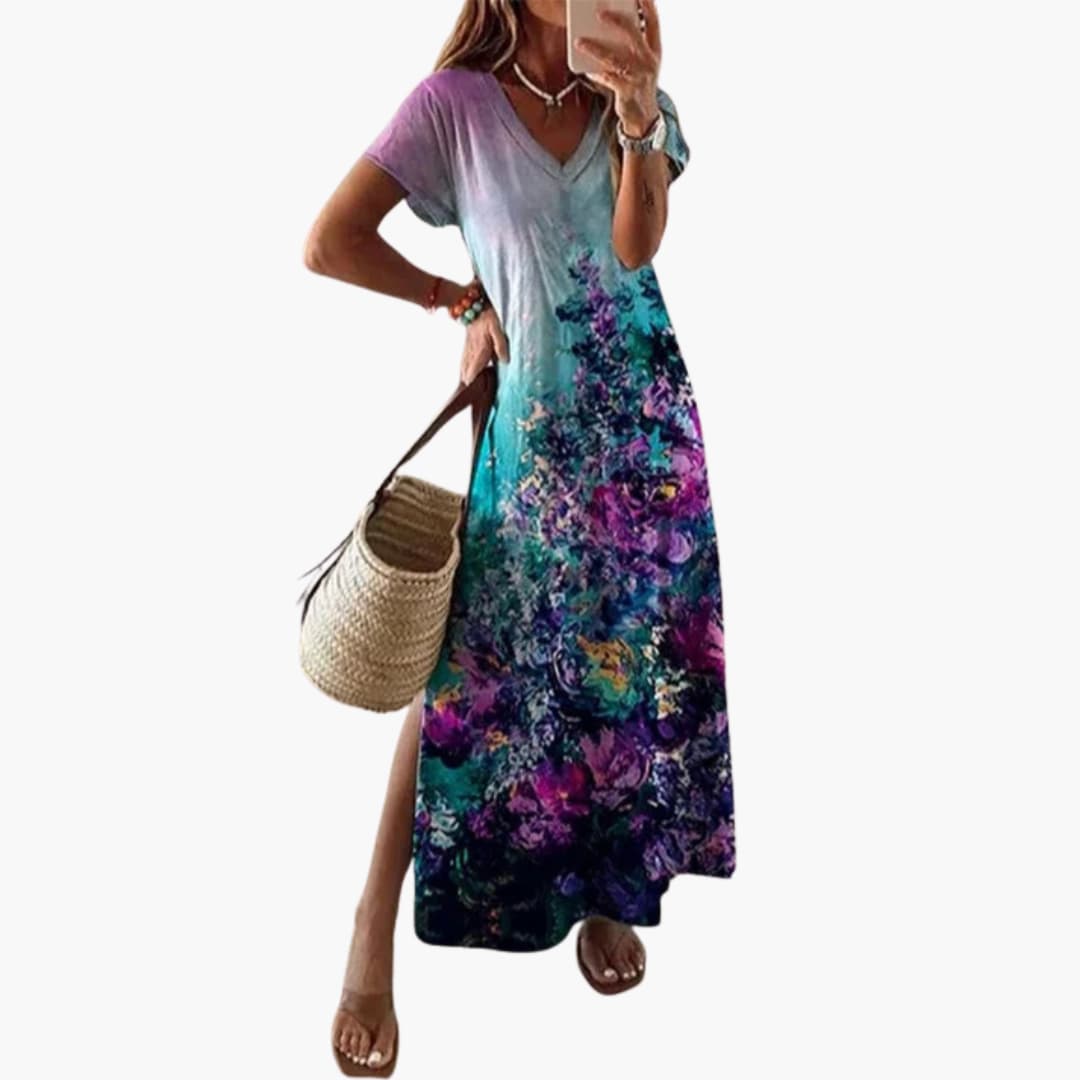 CD | Rochie maxi florală pentru femei cu decolteu în V și crăpătură laterală