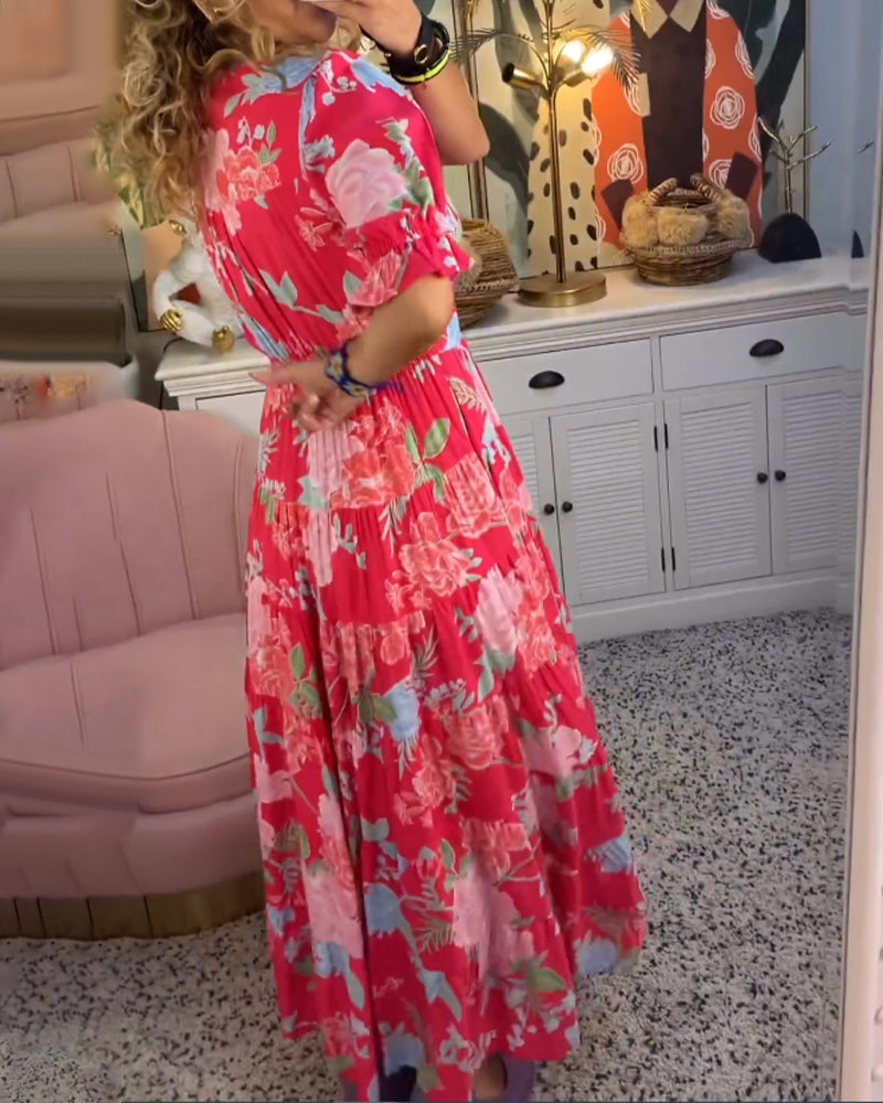 CD | Rochie maxi florală cu mânecă scurtă și decolteu în V