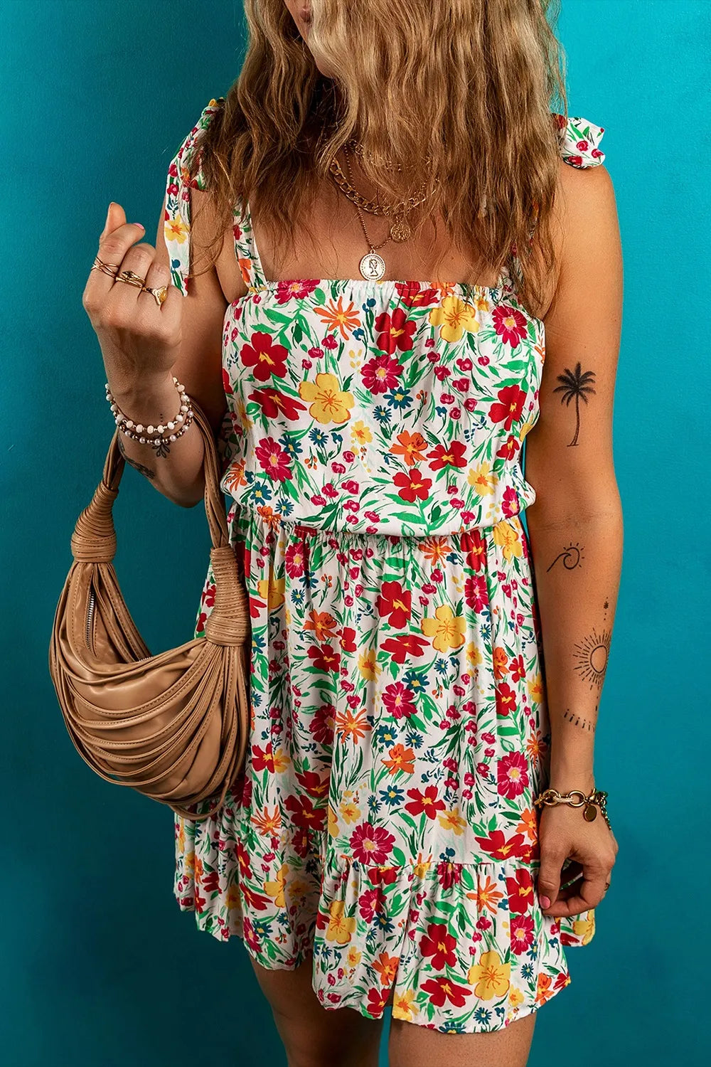 CD | Floral cu bretele înnodate Rochie mini cu tiv încrețit