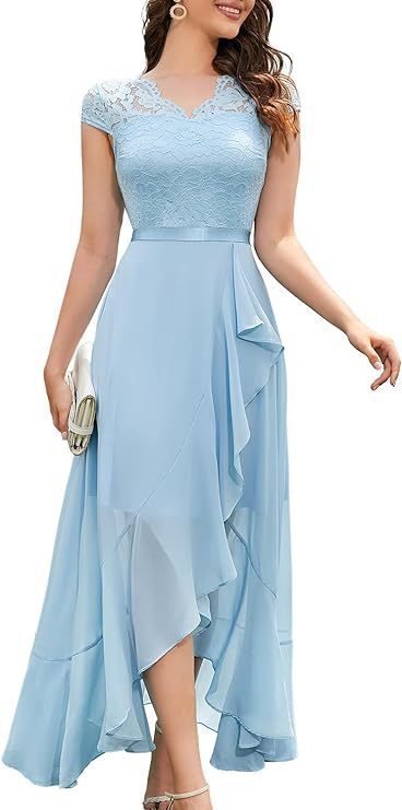 CD | Ladies V-Neck Short Sleeve Formal Dress with Lace Bodice