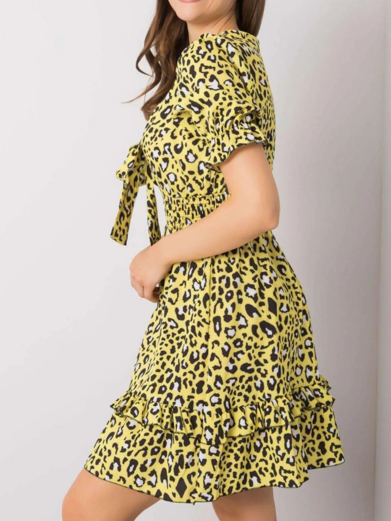 CD | Mini rochie cu mânecă scurtă cu cravată frontală și imprimeu leopard