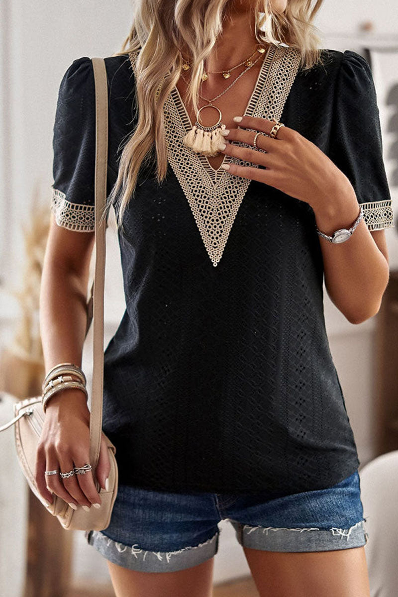 CD | V-neck patchwork cu mânecă scurtă de agrement tricou