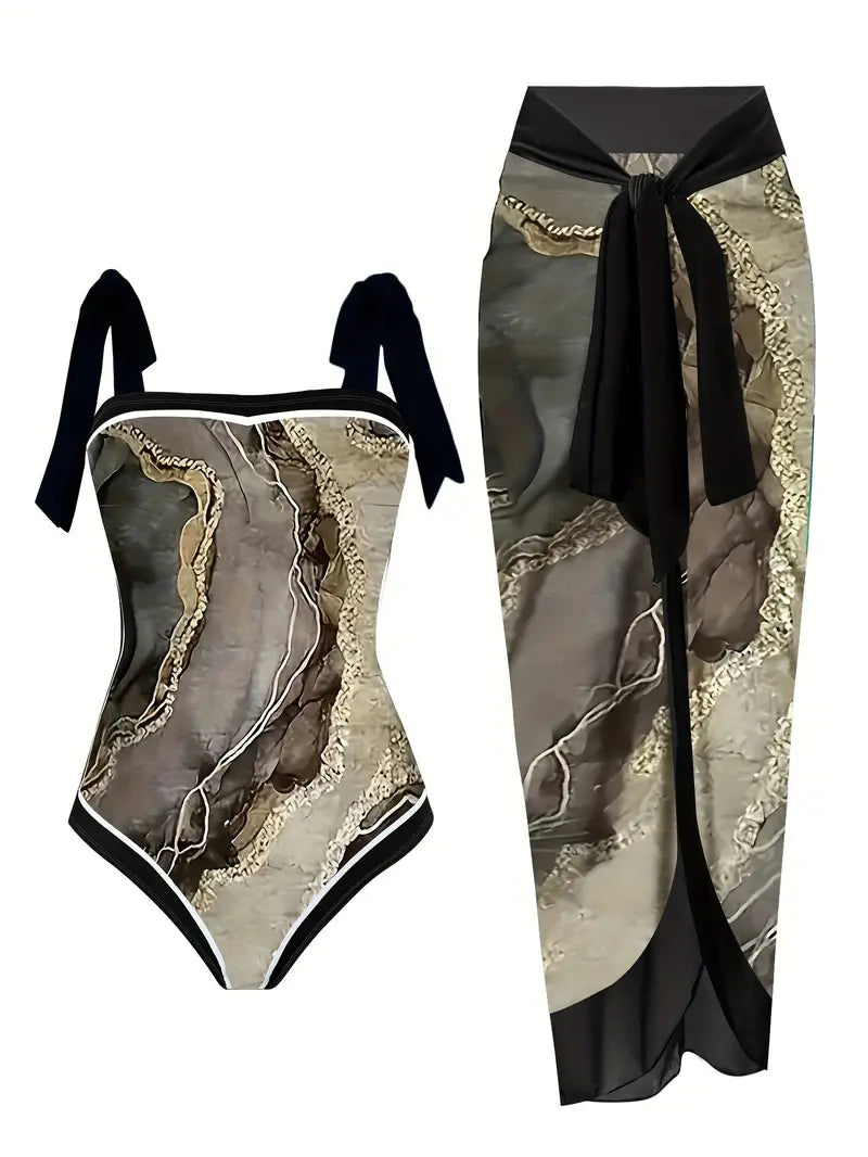 CD | Costum de baie elegant și fustă cu imprimeu marmură într-o singură piesă
