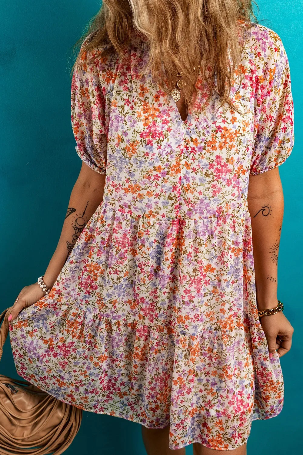 CD | Rochie mini floral cu mâneci bufante crestate