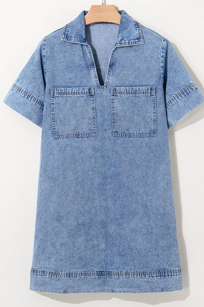 CD | Rochie mini din denim cu mânecă scurtă, guler și buzunare aplicate