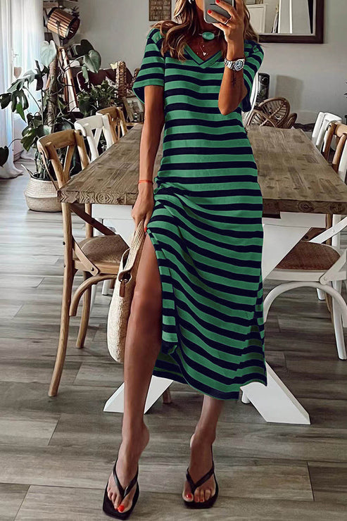 CD | Fanny - Rochie casual patchwork în dungi cu decolteu în V și mâneci scurte