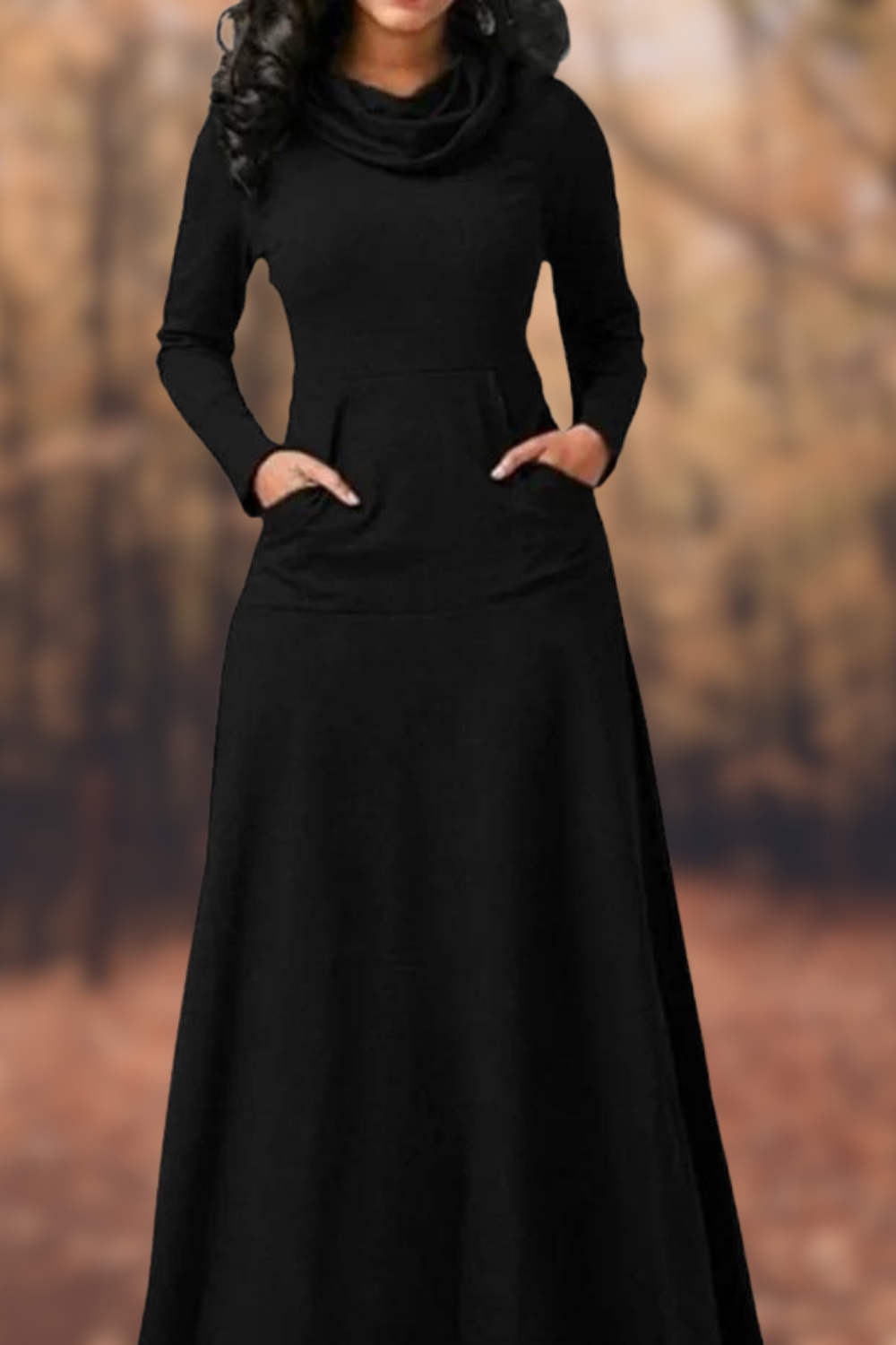 CD | Rochie maxi casual cu mânecă lungă, decolteu rotund și buzunar