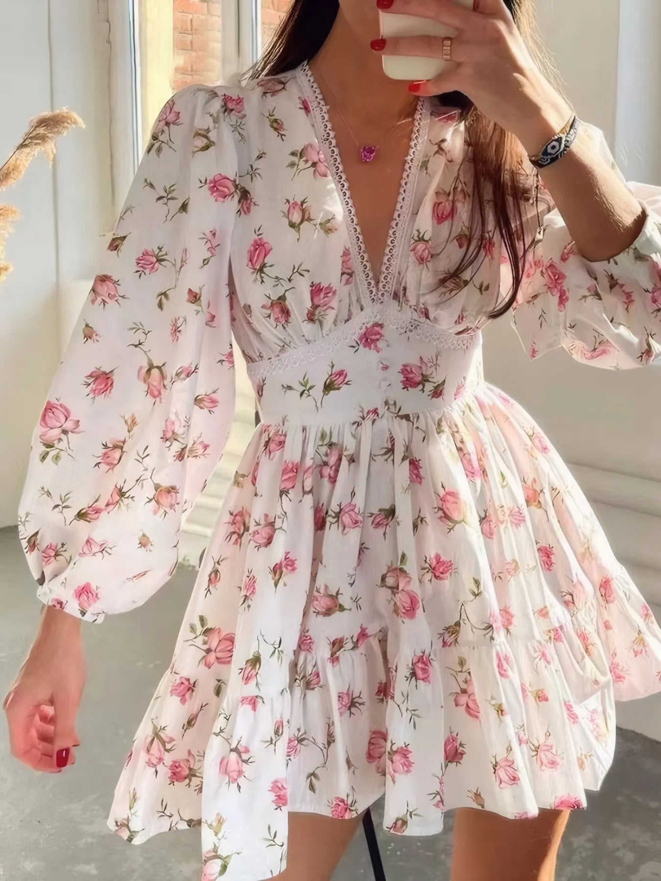 CD | Full Dimensiune florale imprimare dantelă detaliu V-Neck Mini rochie Plus SIze