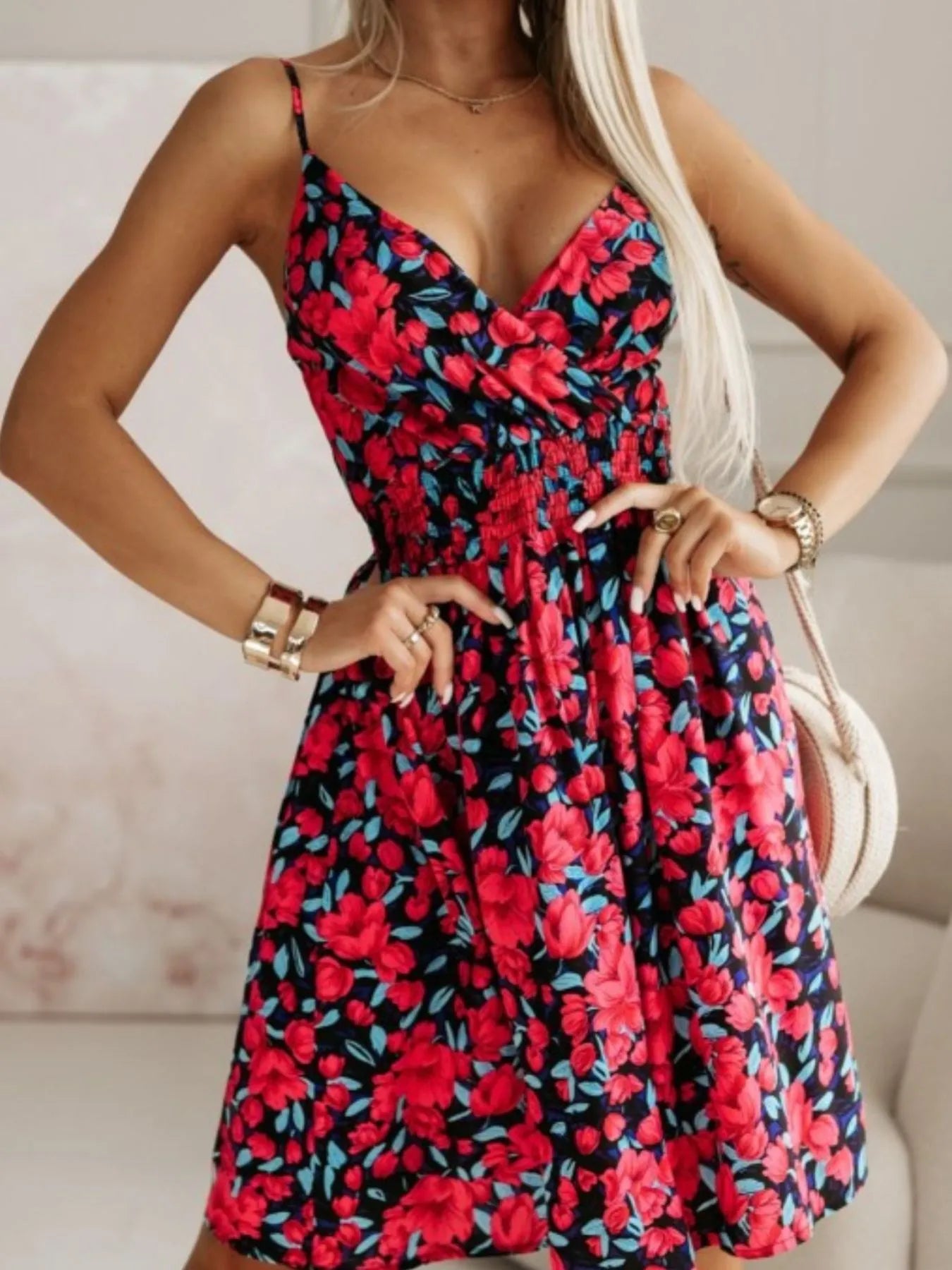 CD | Tropical Print Spaghetti Strap Mini Rochie