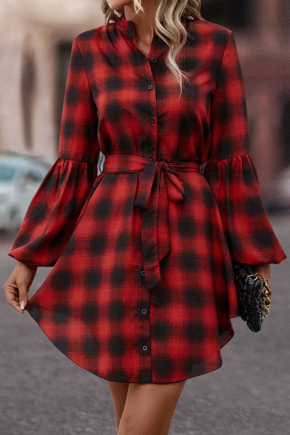 CD | Plaid cravată talie balon maneca rochie mini