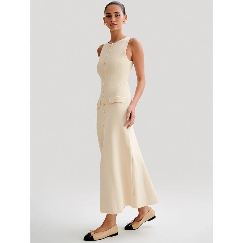 CD | Rochie maxi elegantă fără mâneci cu nasturi pentru femei