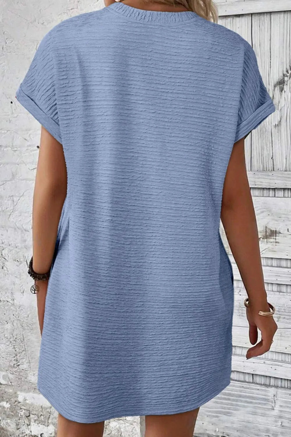 CD | Culoare solidă texturată Crinkle Rochie tricou cu mânecă scurtă