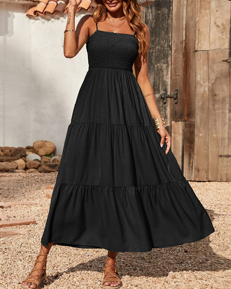 CD | Boemă rochie lungă Spaghete curea solidă Swing plajă fără mâneci Maxi rochie