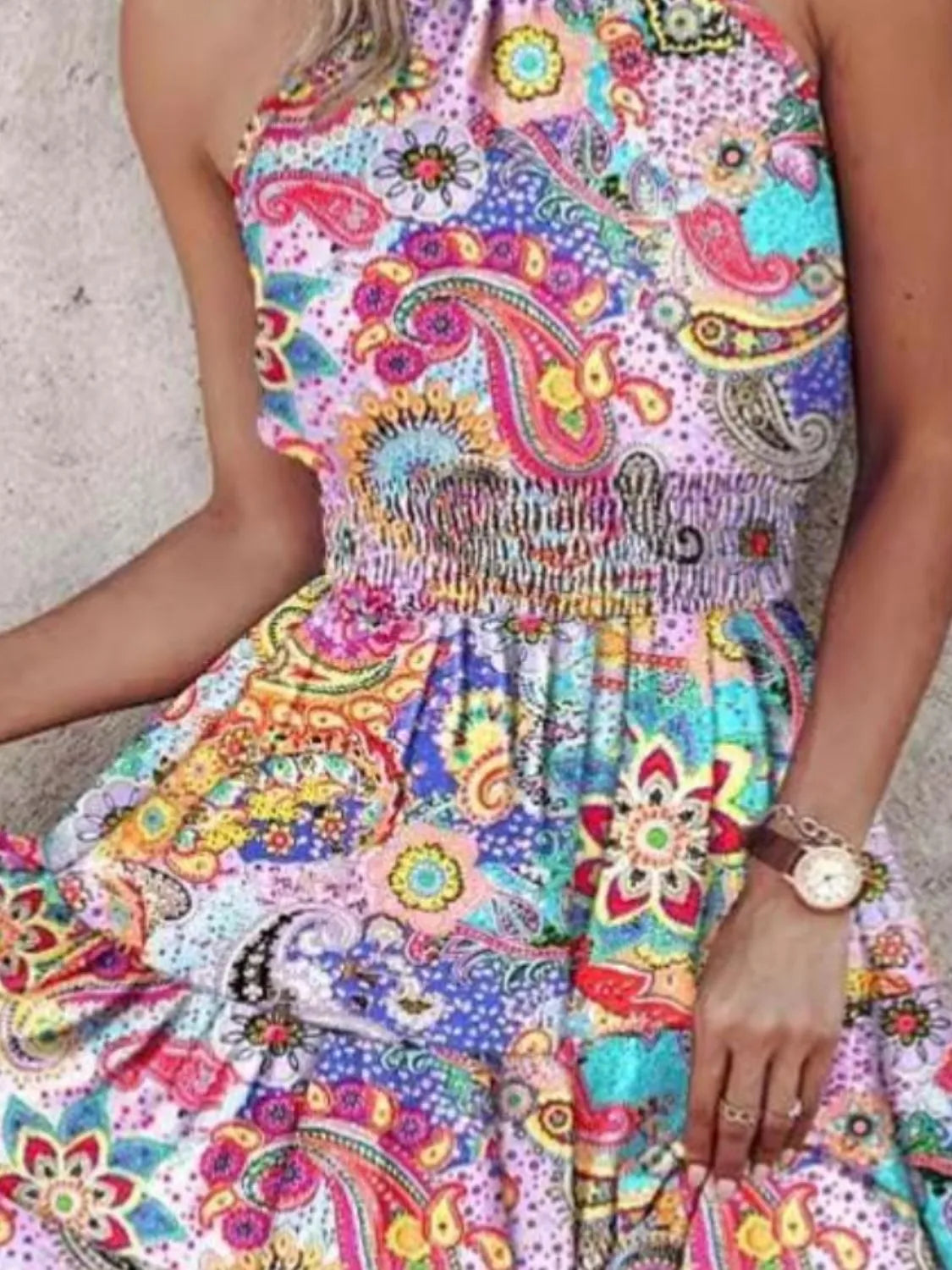 CD | Rochie mini cu croială imprimată și guler tip halterneck Smocked