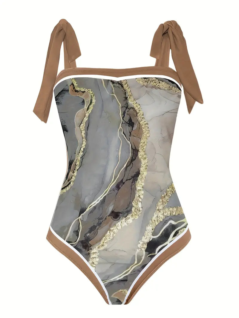 CD | Costum de baie elegant și fustă cu imprimeu marmură într-o singură piesă