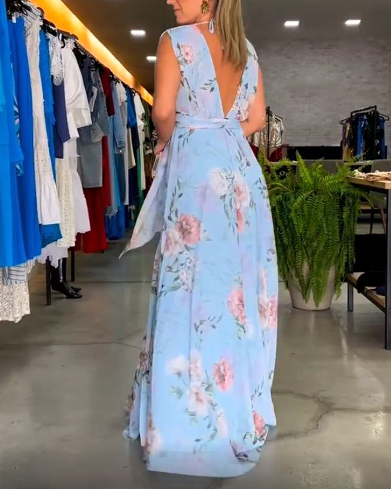 CD | Rochie lungă florală fără mâneci cu tiv despicat
