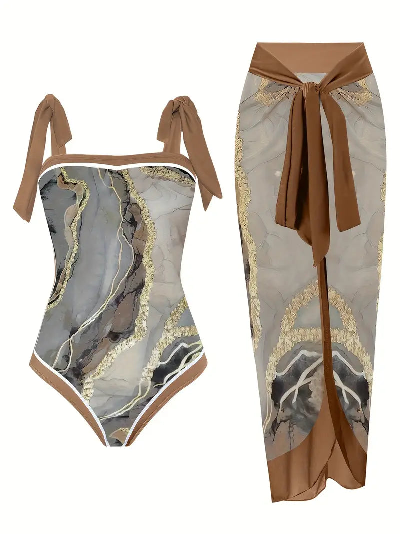CD | Costum de baie elegant și fustă cu imprimeu marmură într-o singură piesă