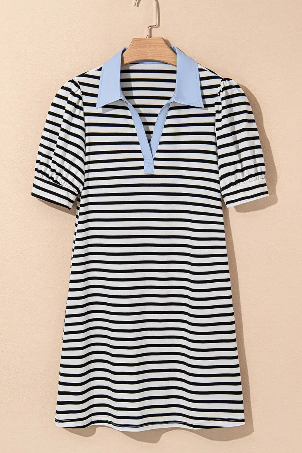 CD | Stripe Contrast V gât Collared Puff Sleeve T Shirt Mini rochie cu buzunare