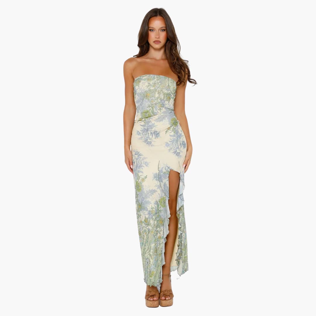 CD | Rochie maxi fără bretele, cu model floral și crăpătură înaltă la tiv
